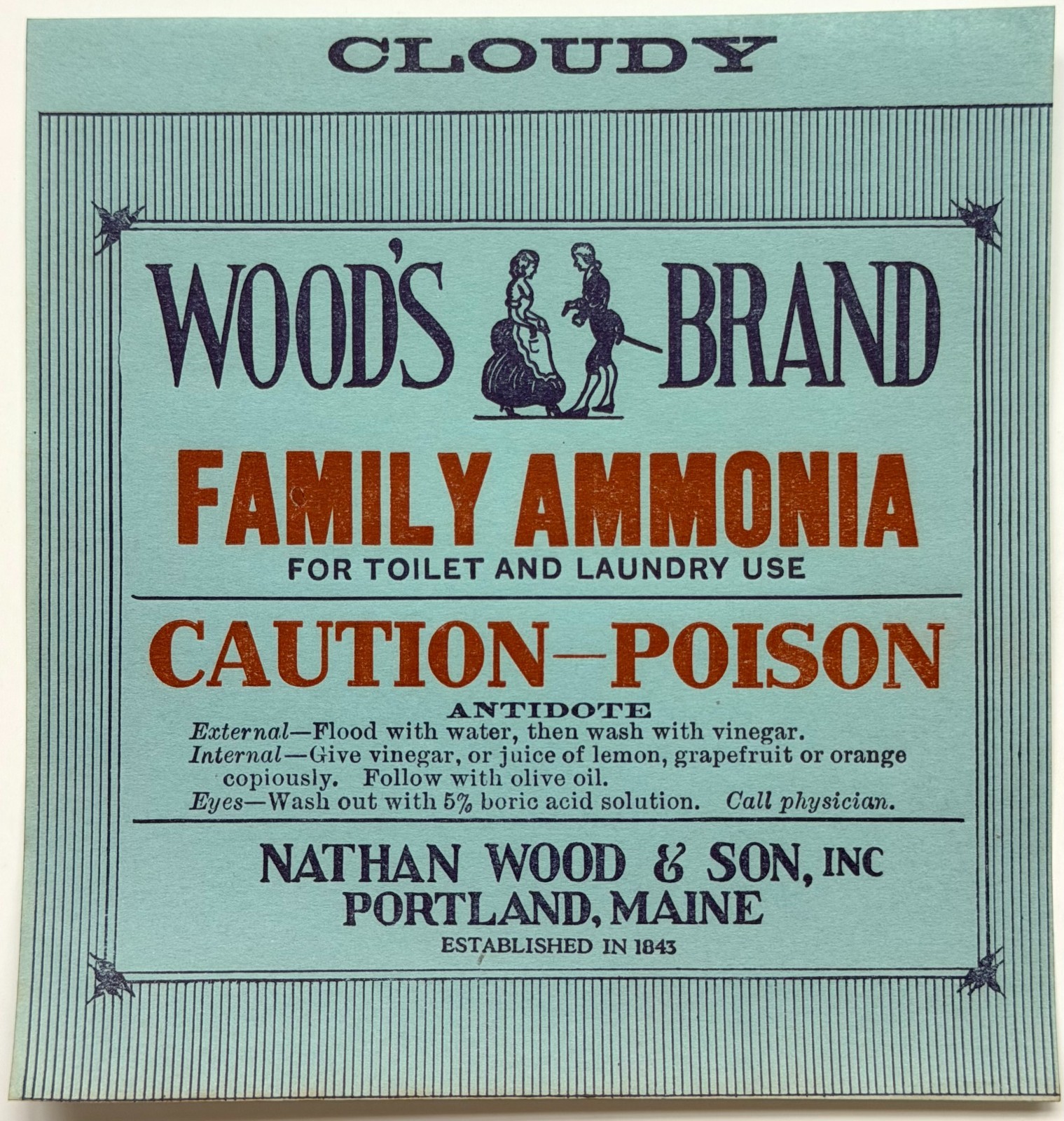 c1900s Woods Brand Family Ammonia Label Unused Portland Maine Caution-Poison J7