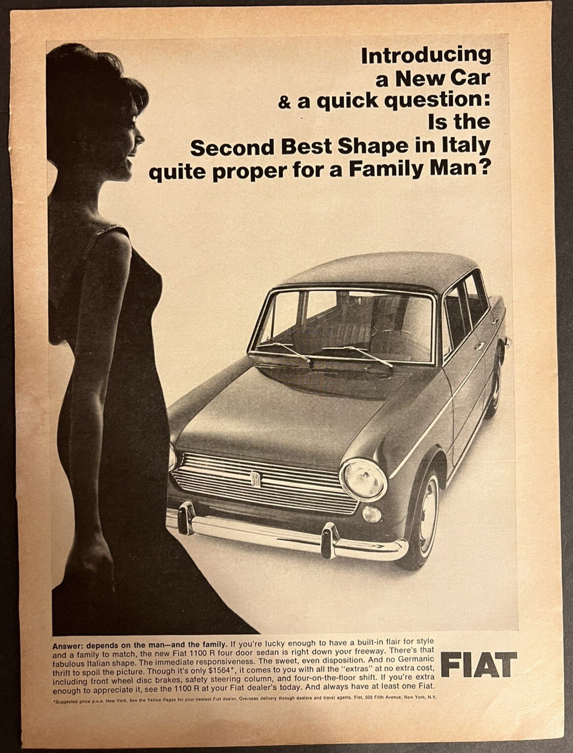 Vtg 1966 Fiat 1100 R 4-Door Sedan Ad, 2nd Best Shape in Italy
