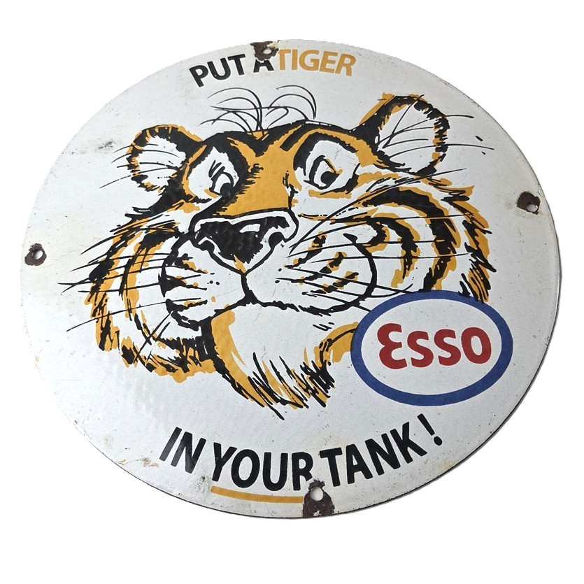 Vintage Esso Gasoline Sign – Tiger Auto Tank Gas Station Porcelain Sign