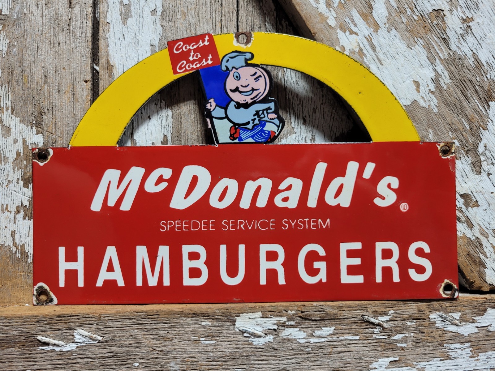 VINTAGE MCDONALDS PORCELAIN SIGN OLD FAST FOOD RESTAURANT HAMBURGERS SPEEDEE FRY