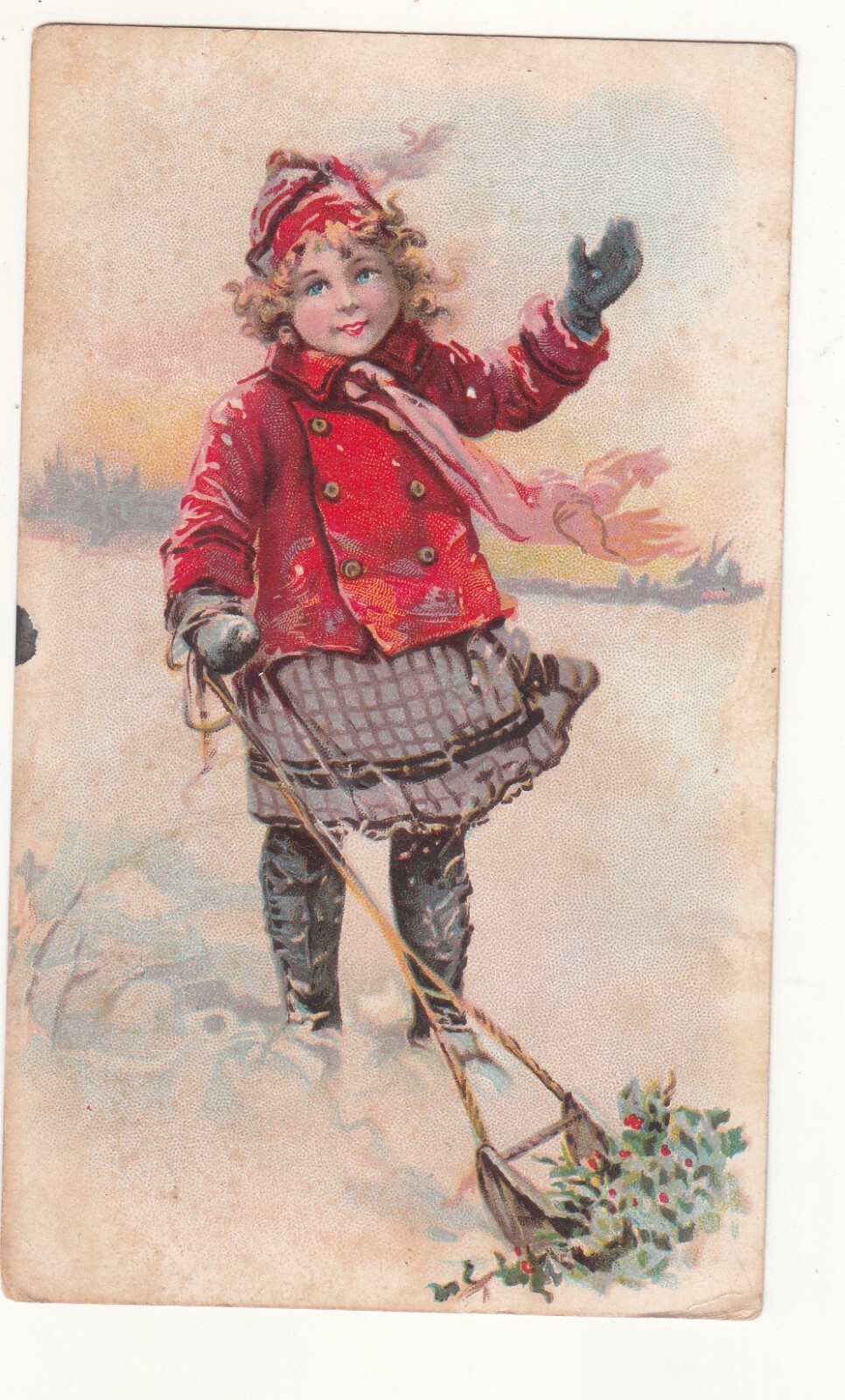 Fleischmann Co New York Girl in Snow Holly Leaves Vict Card c1880s