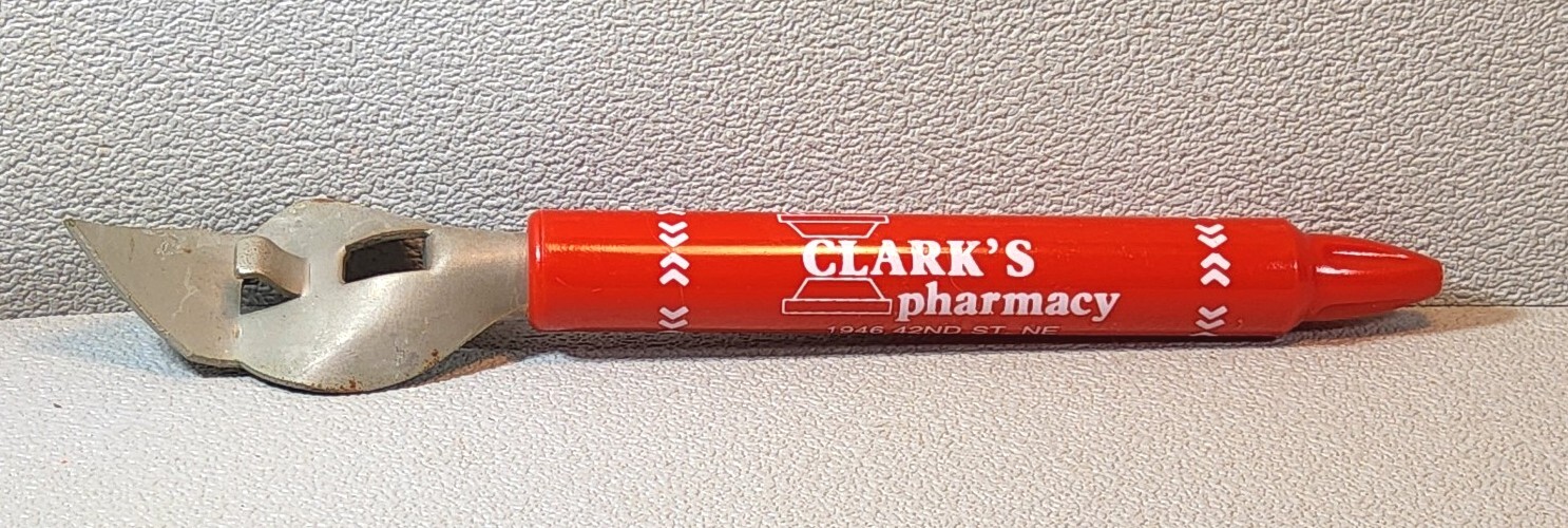 1990 Advertising Can, Bottle Opener – Clarks Pharmacy ~ Cedar Rapids, Iowa. CO-6