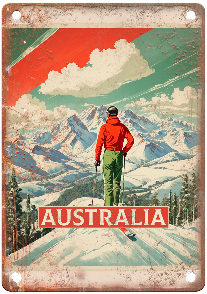 Skiing At Snowy Mountains Australia Retro Look Travel Poster Metal Sign T2737