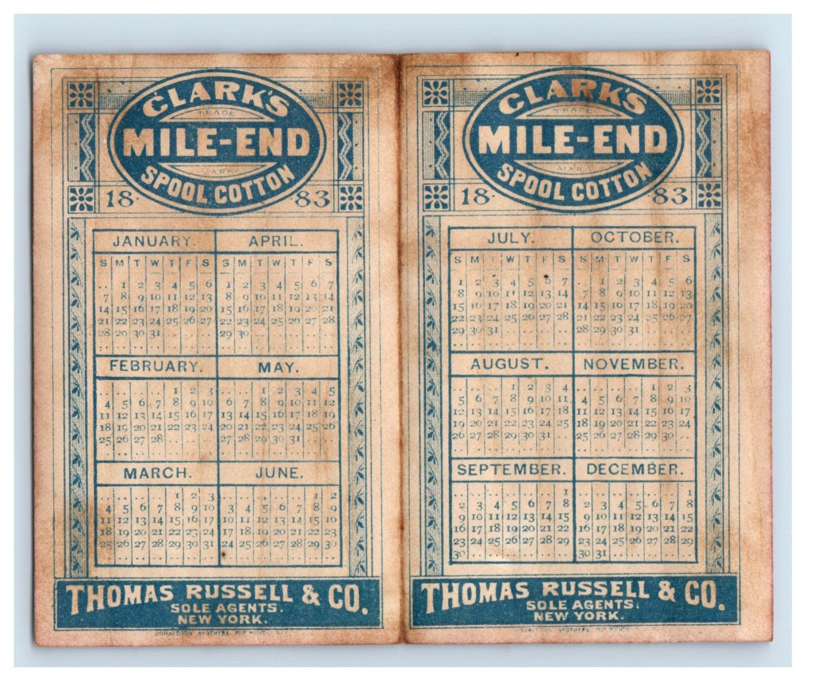 1883 Folding Pocket Calendar Clark’s Mile-End Spool Cotton Thomas Russell F165