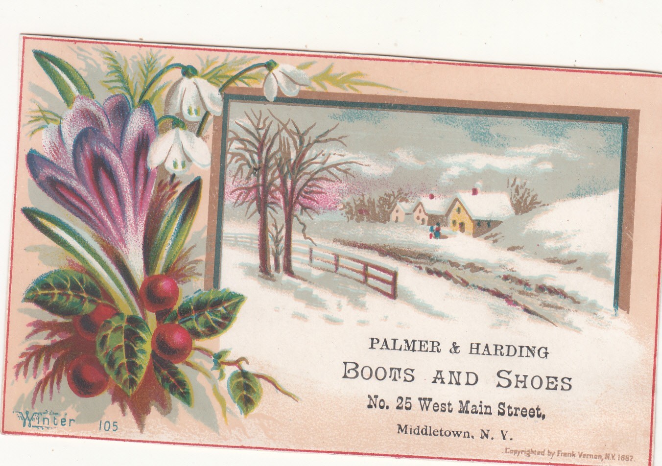 Palmer & Harding Boots Shoes Middletown NY WINTER Snow Flowers Vict Card c1880s