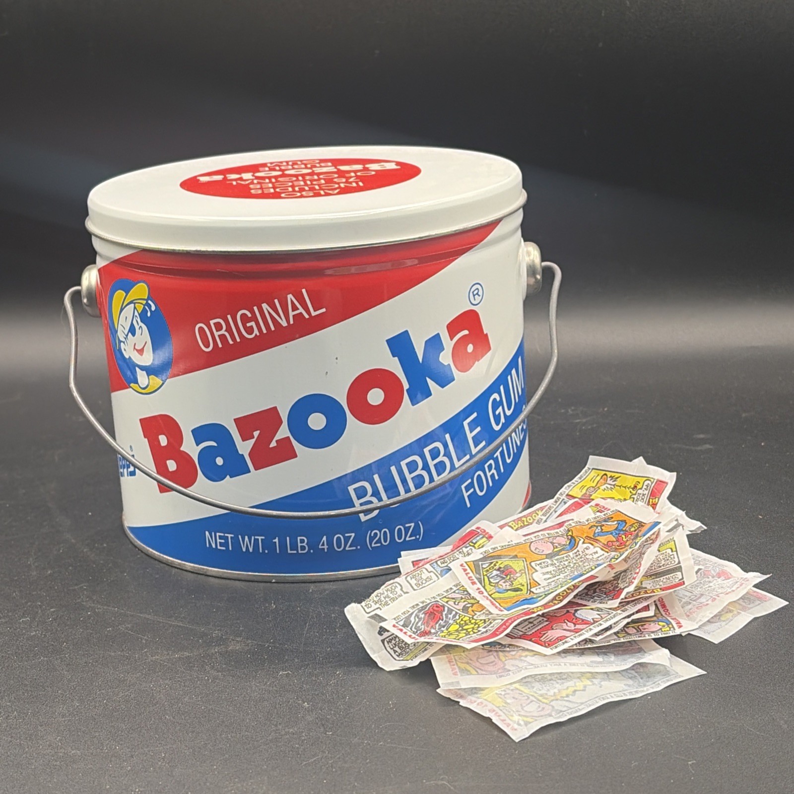 Vintage Bazooka Bubble Gum Tin Bucket with Handle – 1991, Size ~7″ x 5.5″