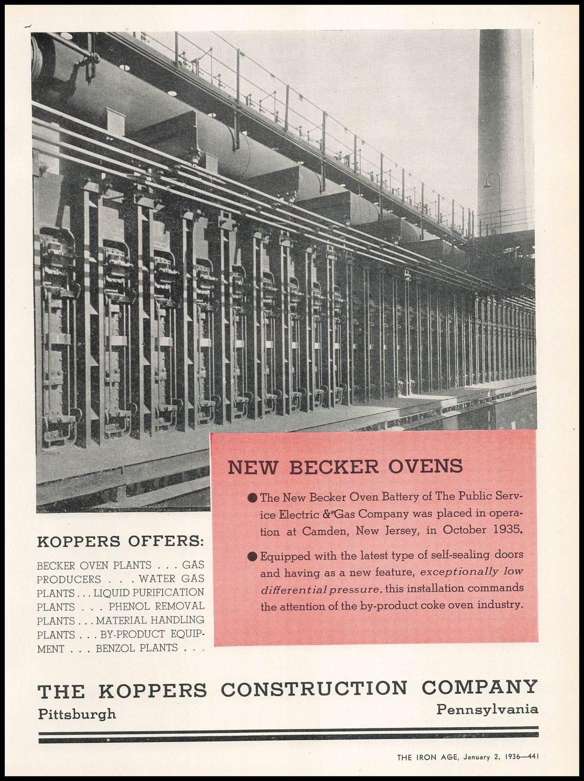1936 Koppers Construction Company Pittsburgh Photo Becker Oven Battery Print Ad