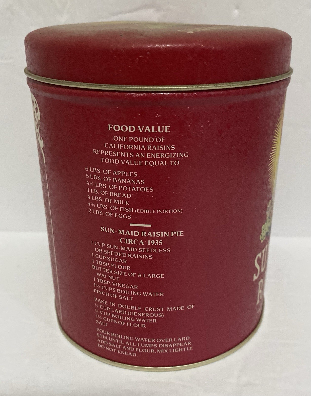 Vintage Round Sun-Maid Raisins Empty Tin Multi-Color Recipe 5″ High Bristolware
