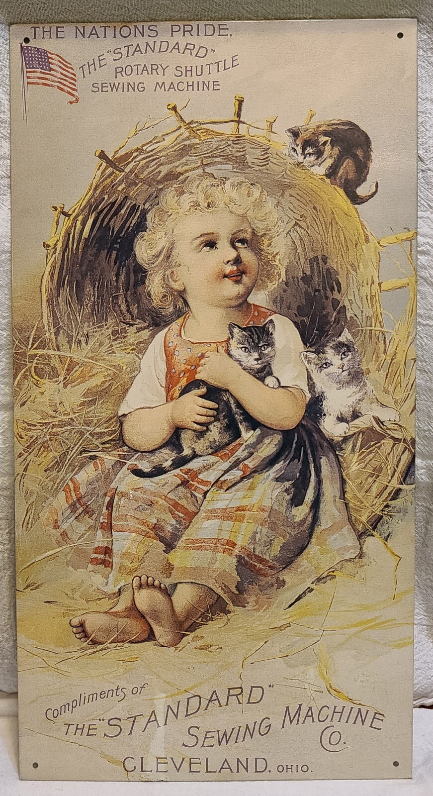 Standard Sewing Machine Girl Cats Metal Sign CottageCore 16×8 VTG Cleveland 1991