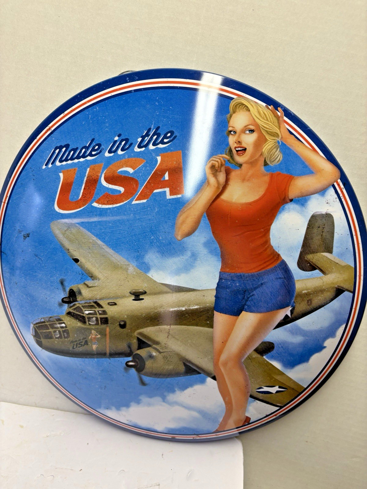 Round Metal Tin Sign PinUp Girl With Airplane“Made In The USA” 15 3/4 inches