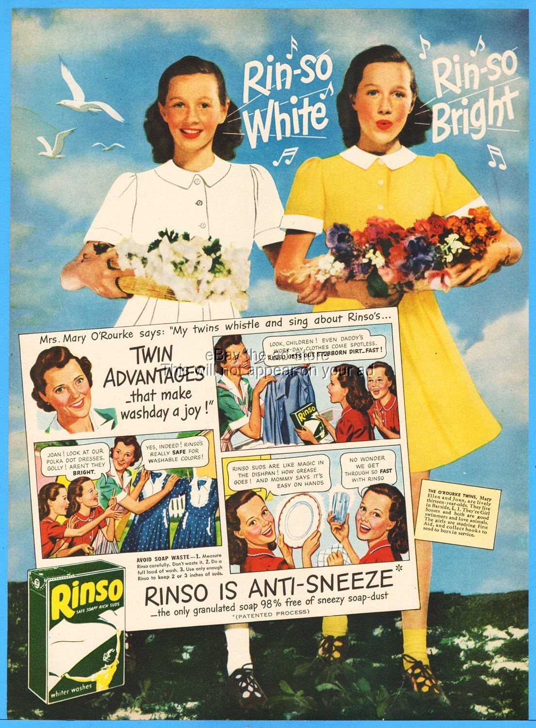 1945 Rinso Laundry Detergent Dishwashing Soap Twin Girls Advantages Vintage Ad
