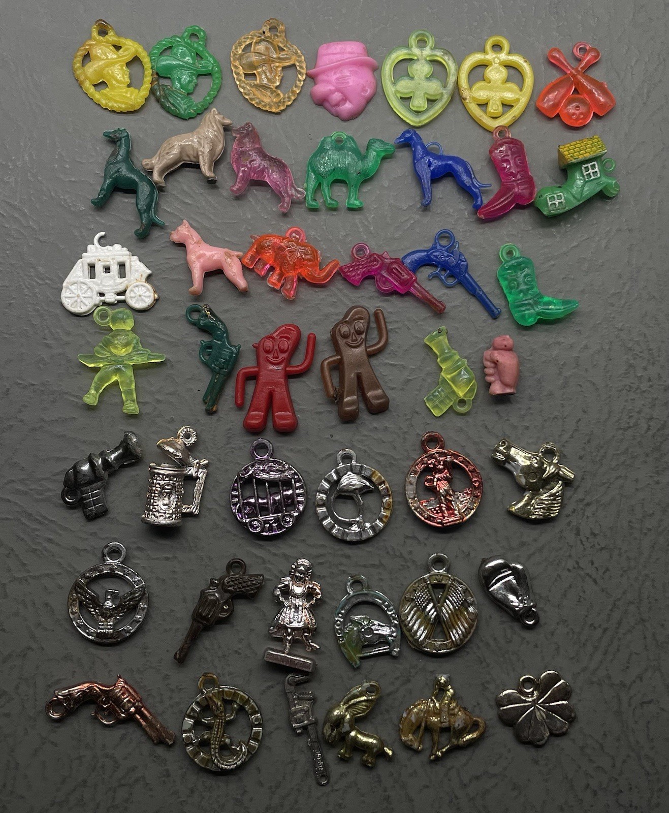 Vintage Cracker Jack Gumball Toy Prize Charms Gumby, Guns, Cowboy Lot Of 44