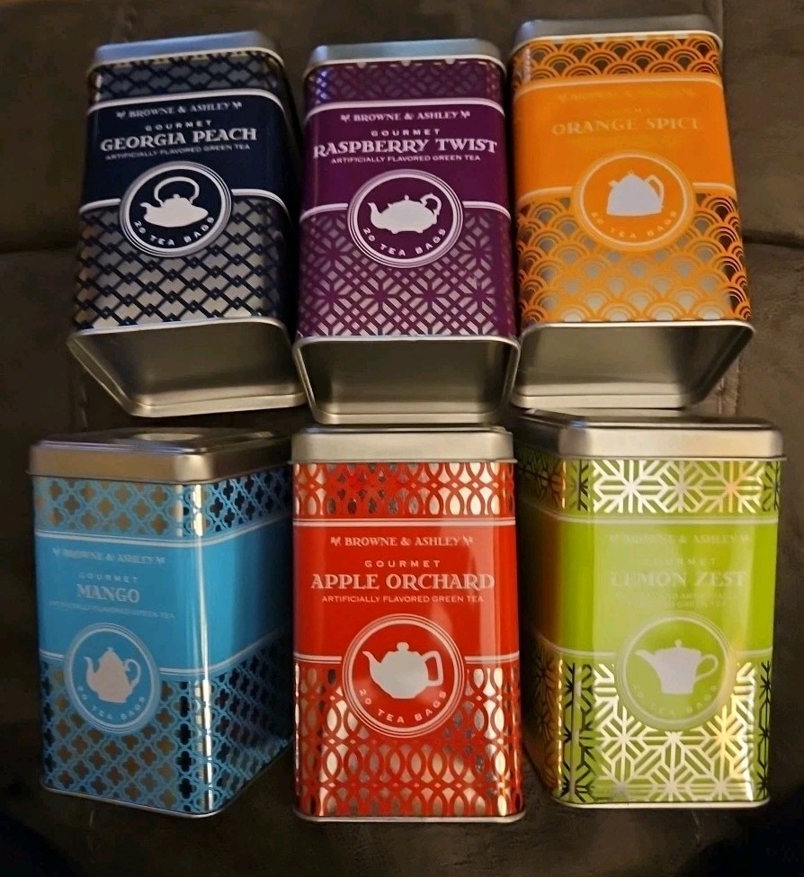 Brown & Ashley Gourmet Green Tea Tin Set Empty, 6 Tins RTS
