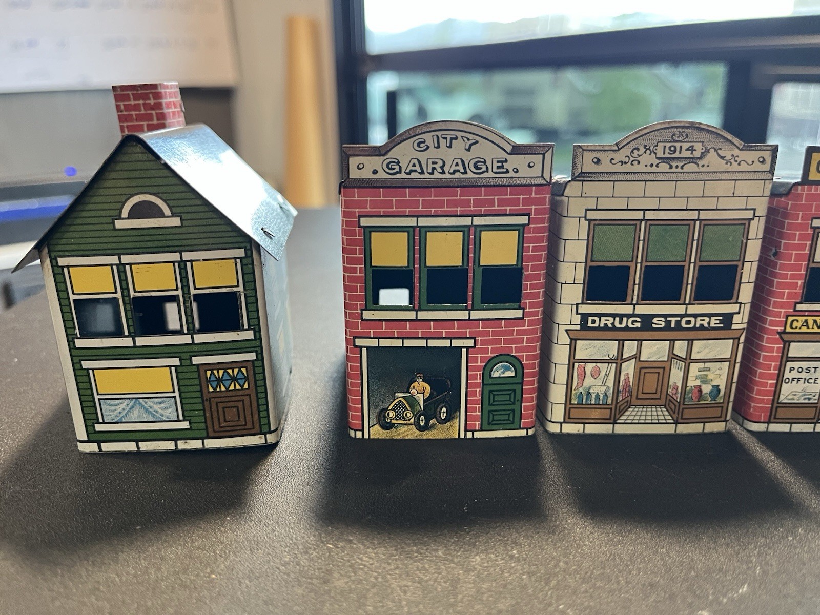6 Antique West Bros village series Candy Container tin litho Buildings