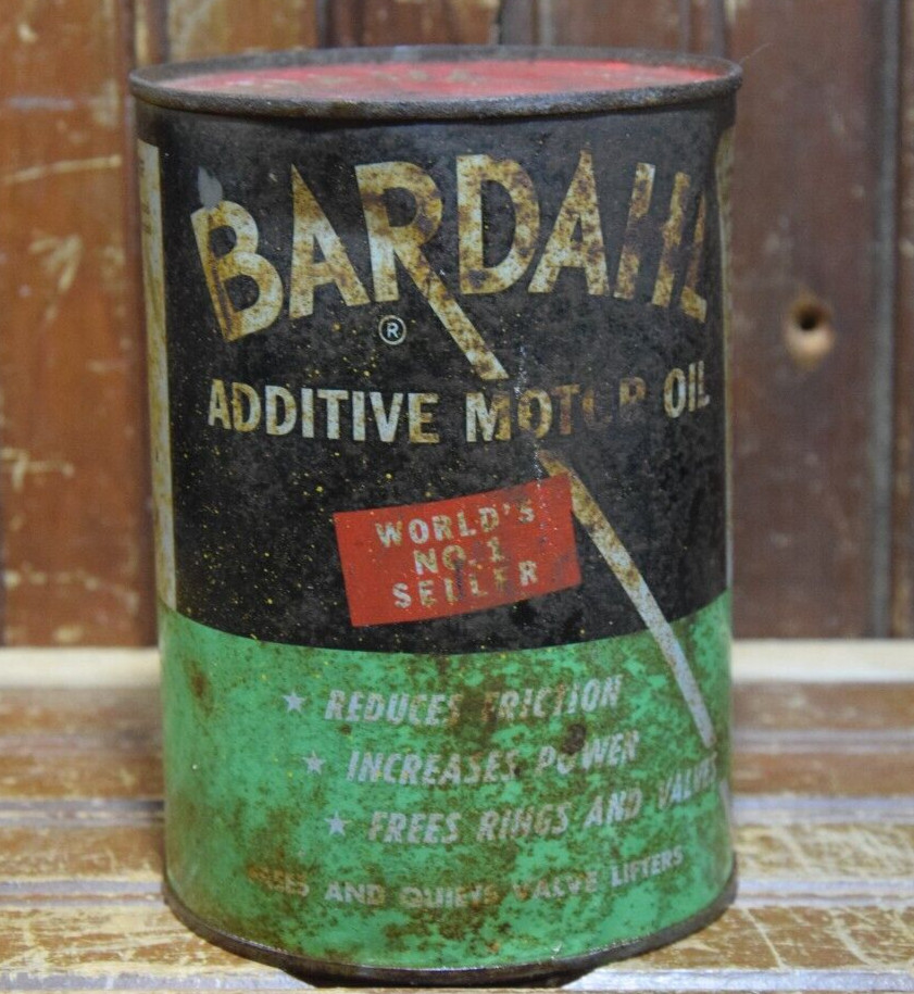 1940s BARDAHL ADDITIVE MOTOR OIL QUART COMPOSITE CAN UNOPENED BOTTOM SEAM LEAKED