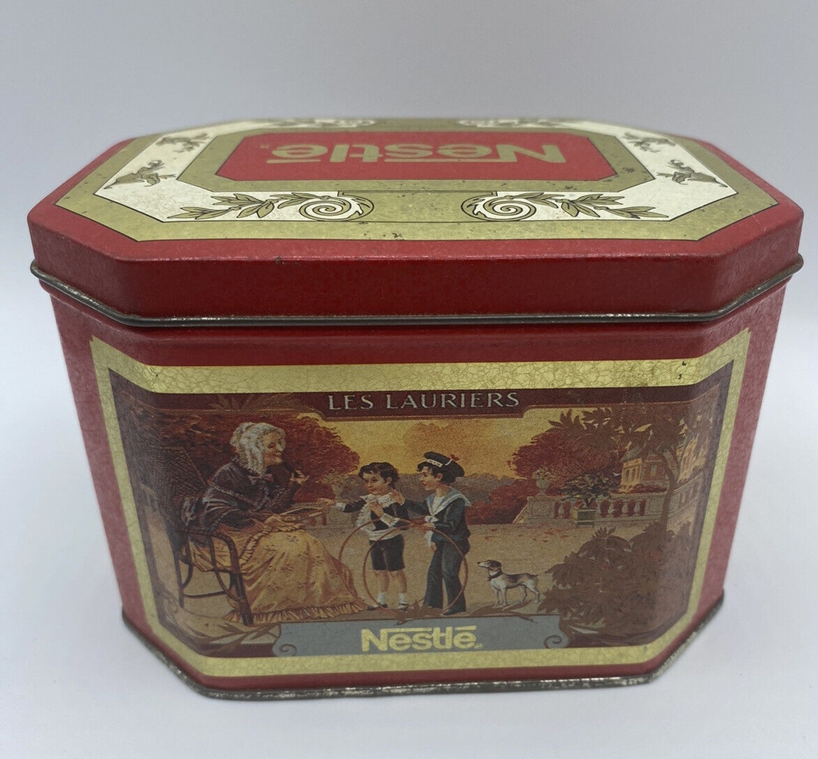 Nestle Bristolware Tin Vintage 1994 Les Lauriers Woman and Children Red Gold