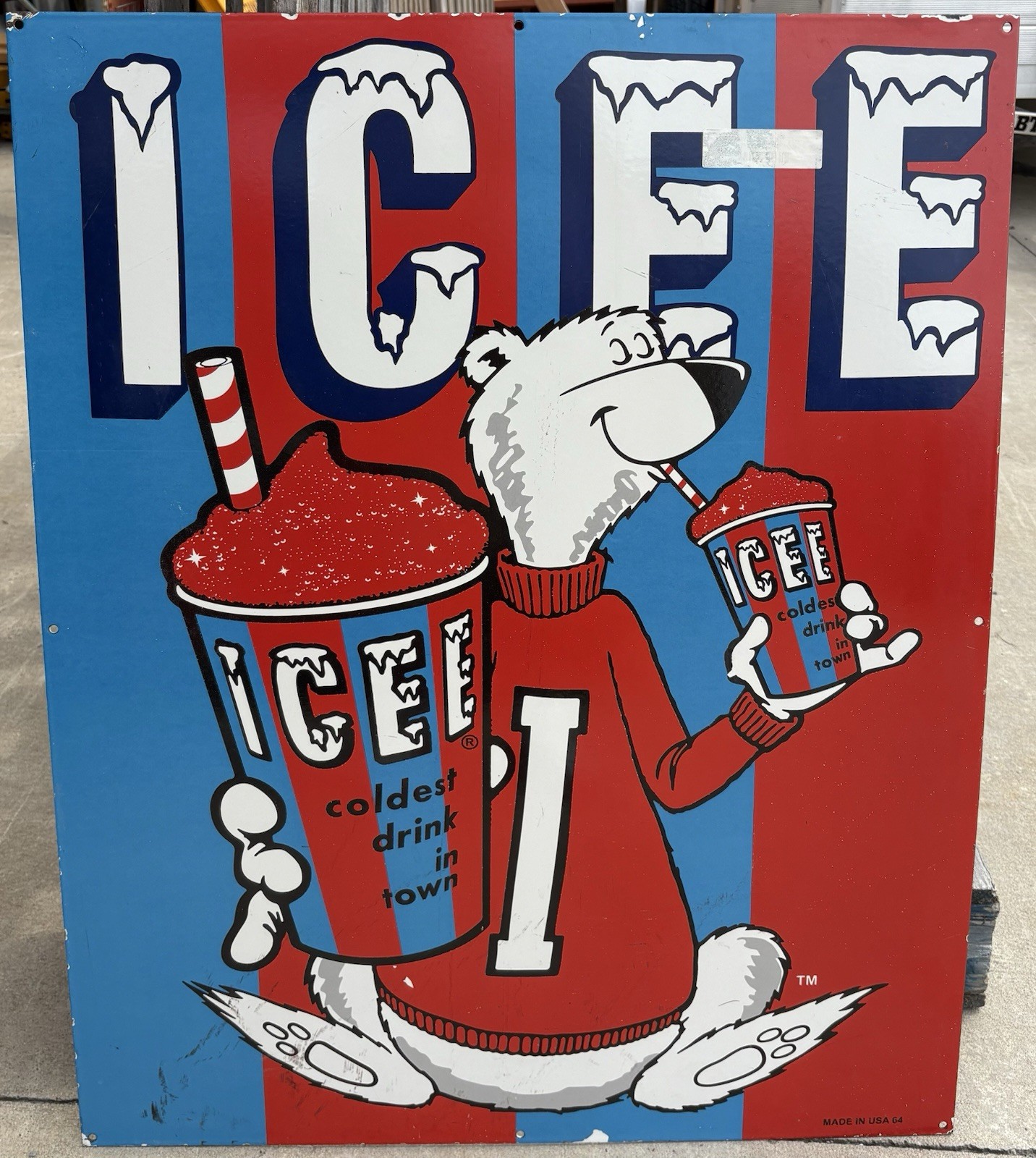 ICEE Coldest Drink In Town 1960’s Vintage Used Porcelain Sign, 35” x 29”