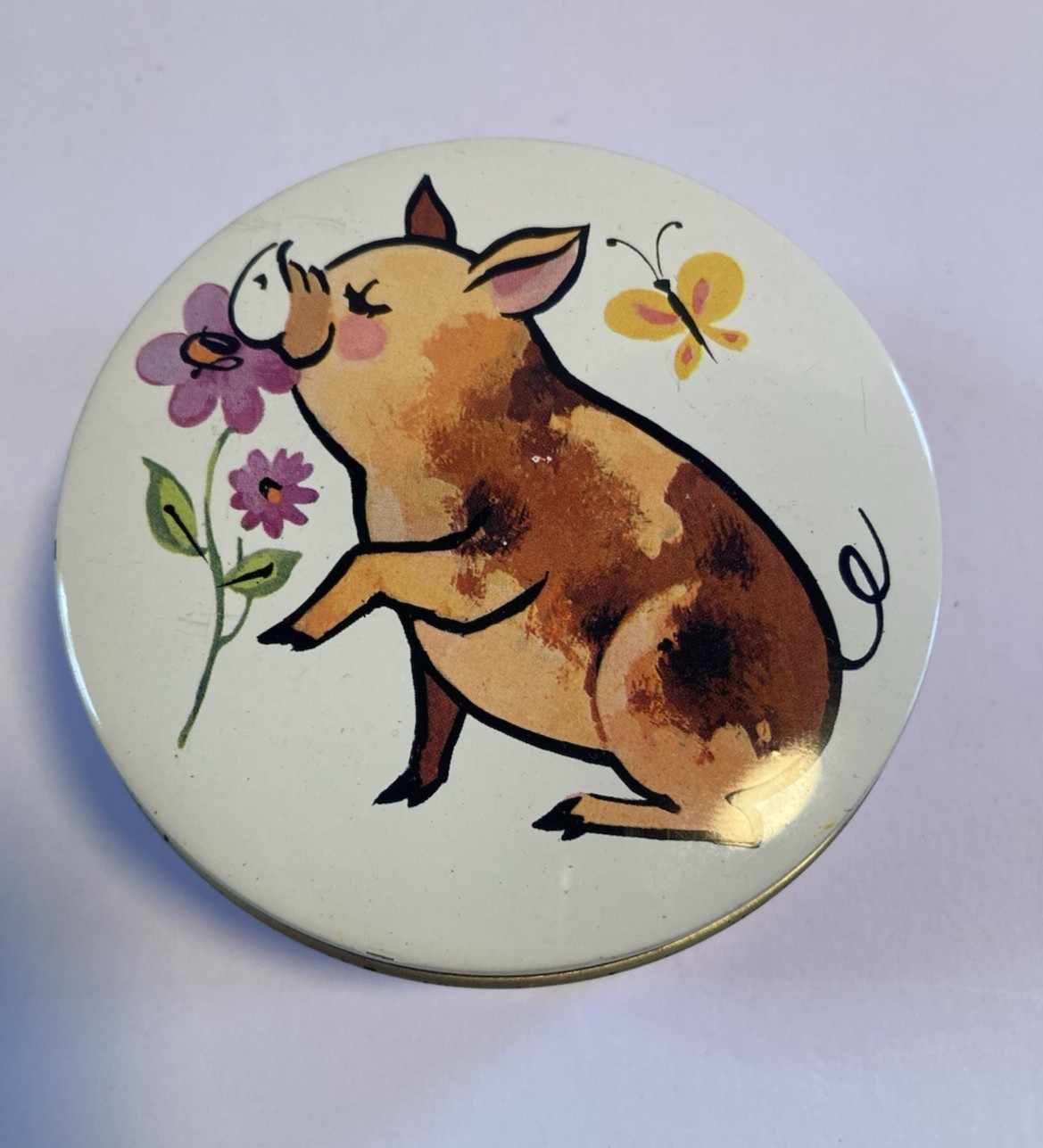 Vintage The Tin Box Company Daher England Pink Piggy Pig Round Container N.Y.