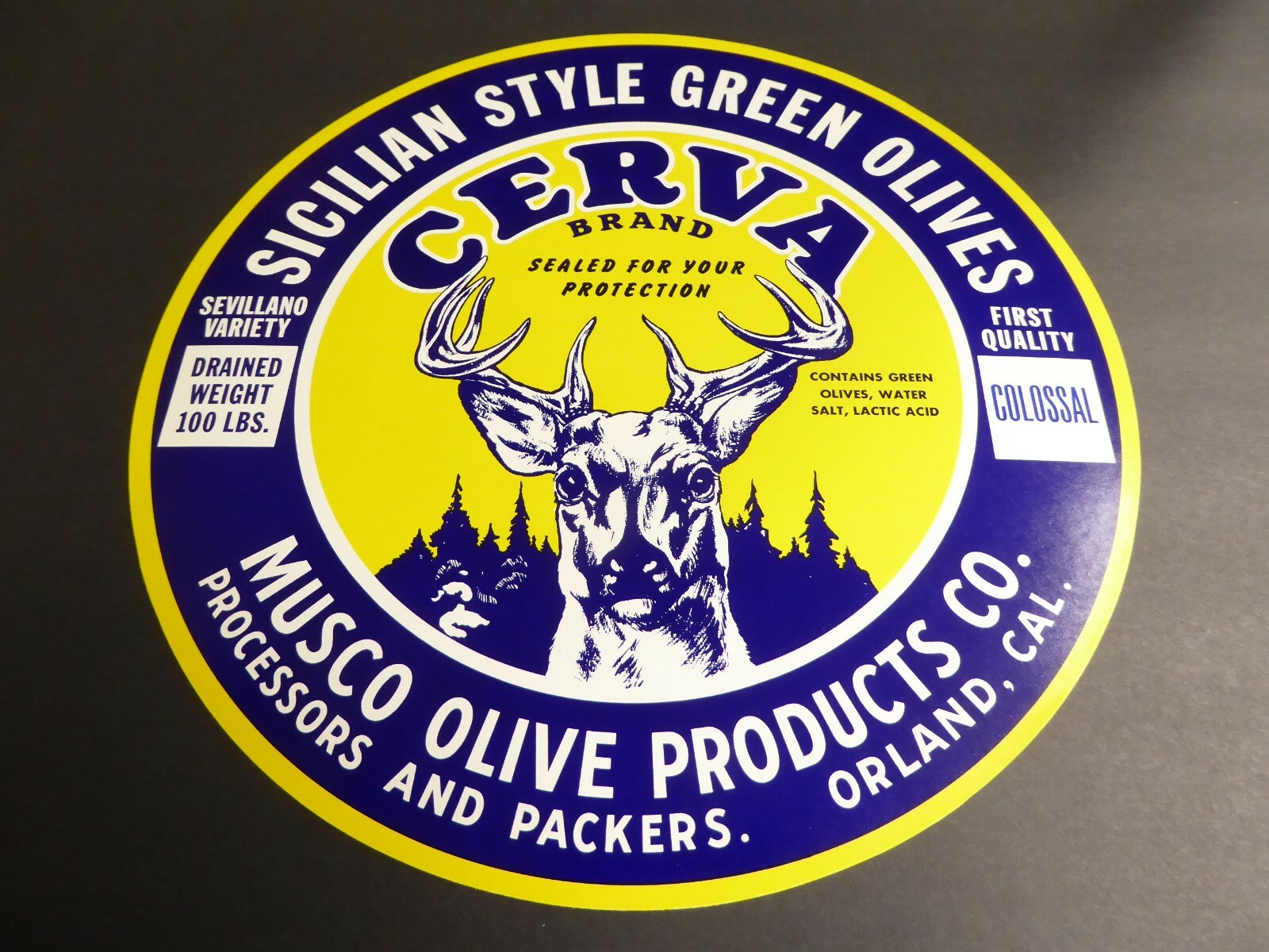 LABEL BARREL ORLAND CALIFORNIA GLENN COUNTY DEER BUCK STAG SICILIAN OLIVES 1950