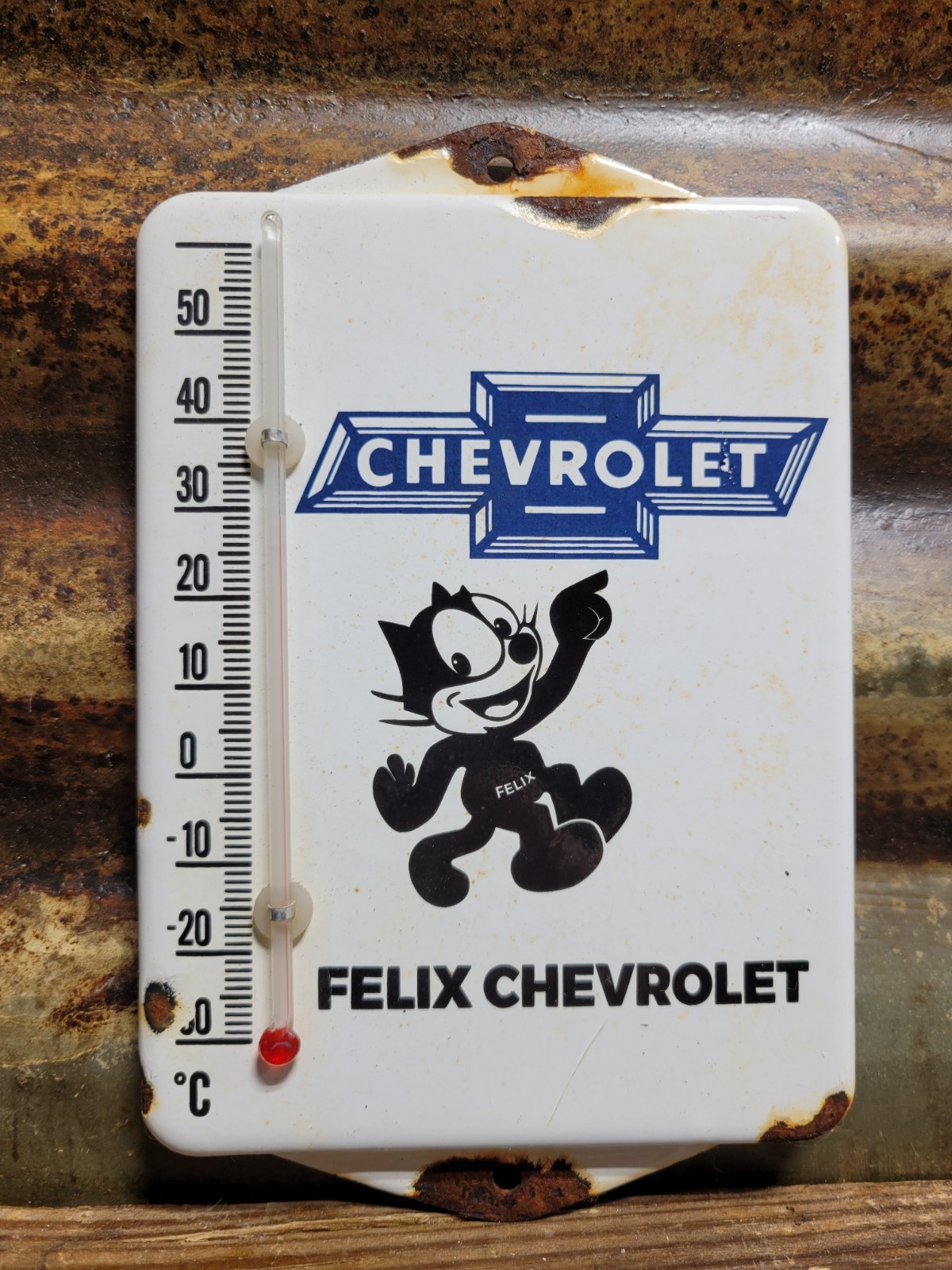VINTAGE CHEVROLET PORCELAIN SIGN OLD FELIX THE CAT THERMOMETER TRUCK CAR CHEVY