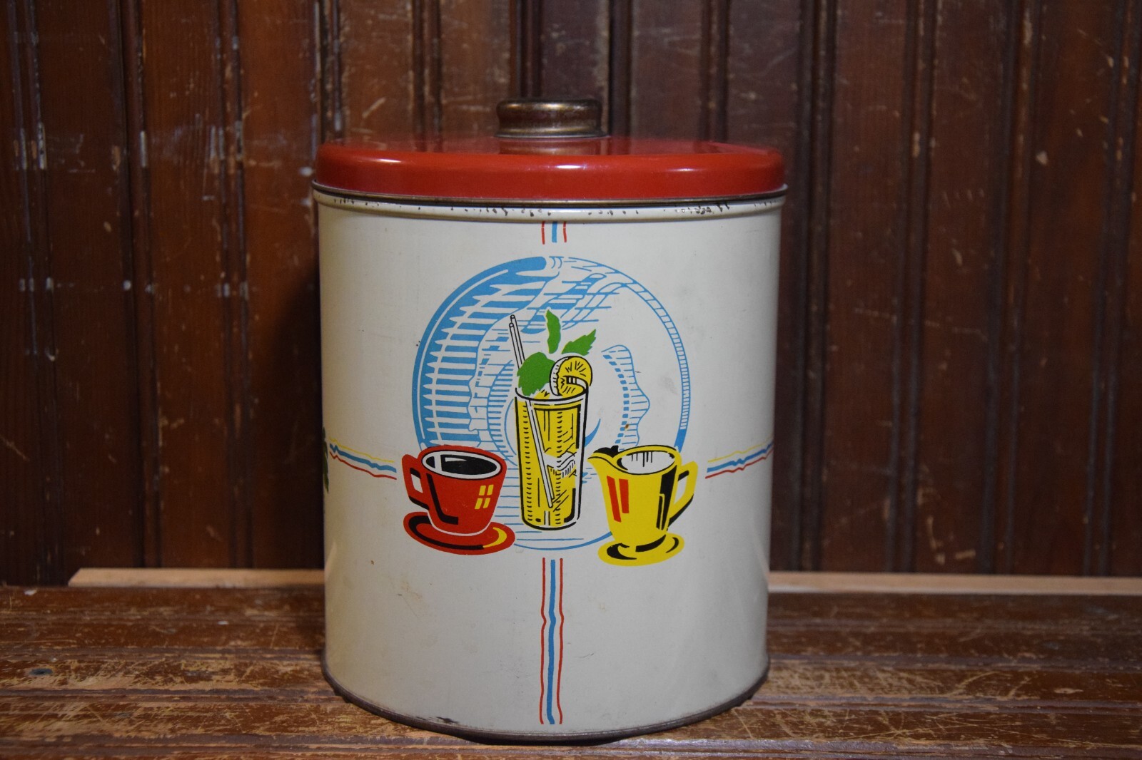 COOKIE FLOUR KITCHEN TIN LITHOGRAPHED METAL LID 1940s VINTAGE STORAGE 1 GALLON