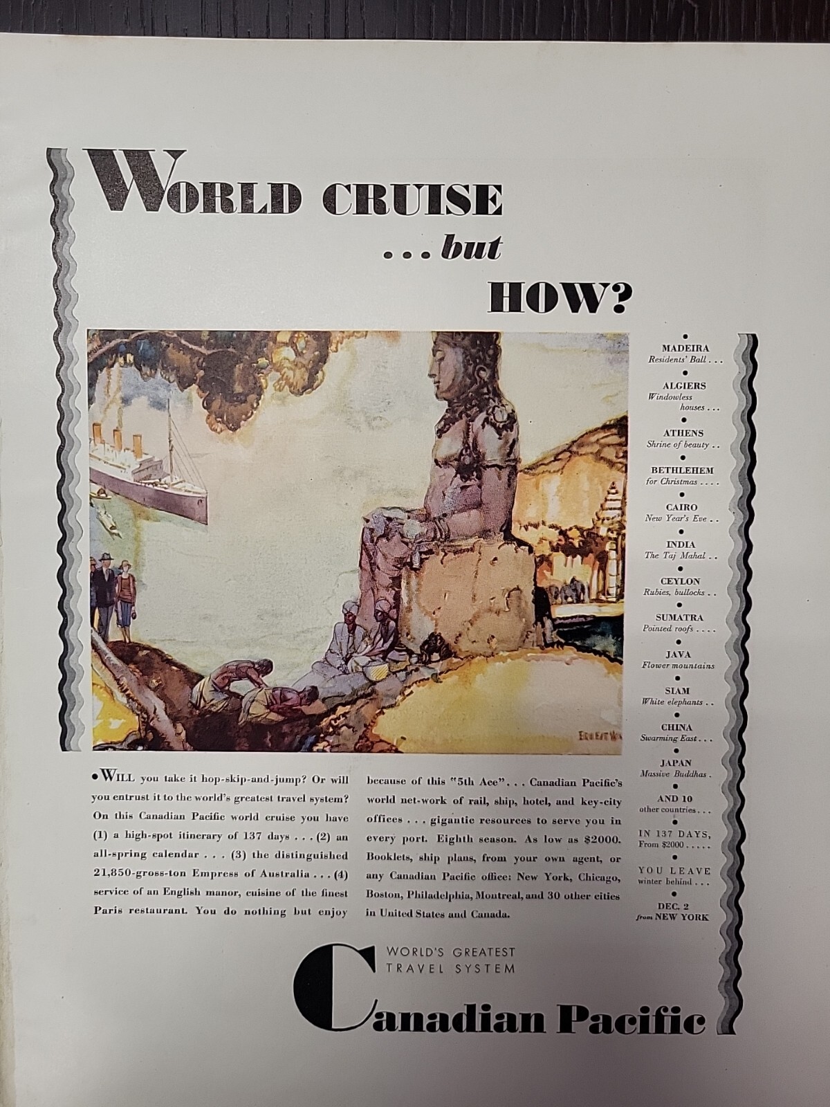 1930 Canadian Pacific Fortune Magazine World Cruise Print Advertising Java Ship
