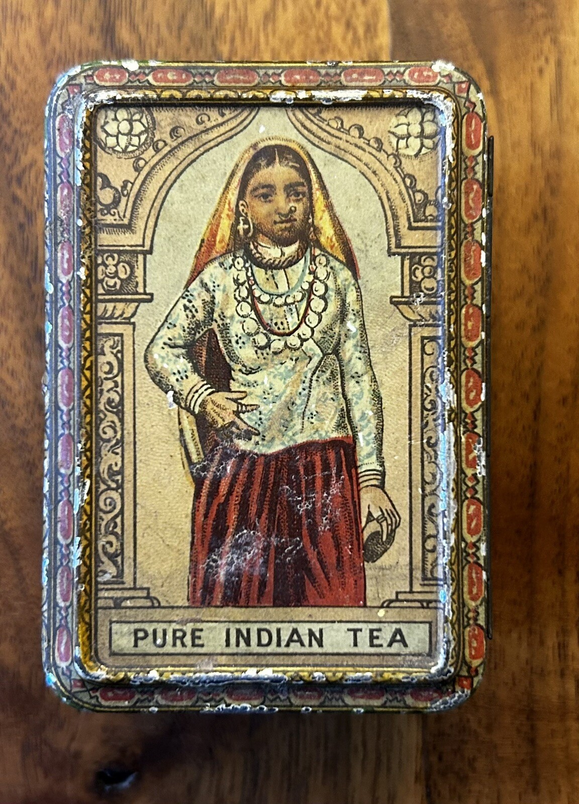 Antique Victorian Era Tin Lithograph Metal Box Pure Indian Tea 3x2x1.5