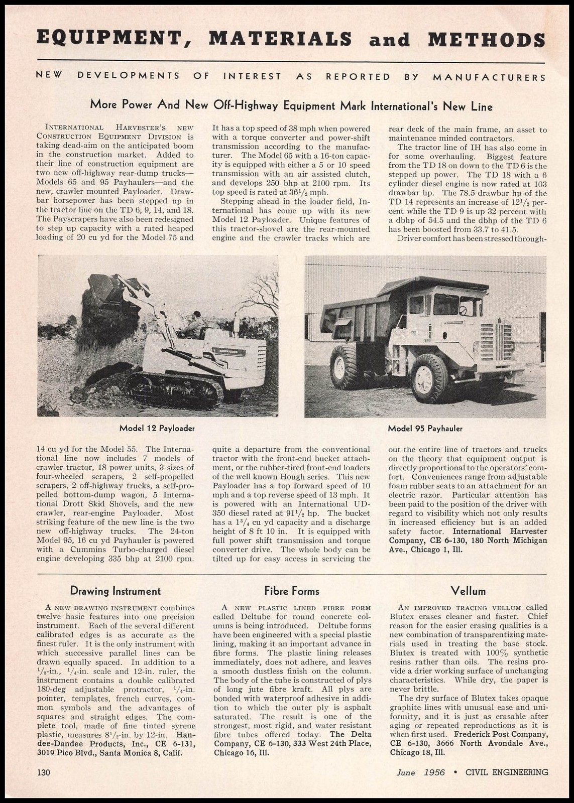 1956 International Harvester Photos 12 Payloader & 95 Payhauler Article Print Ad