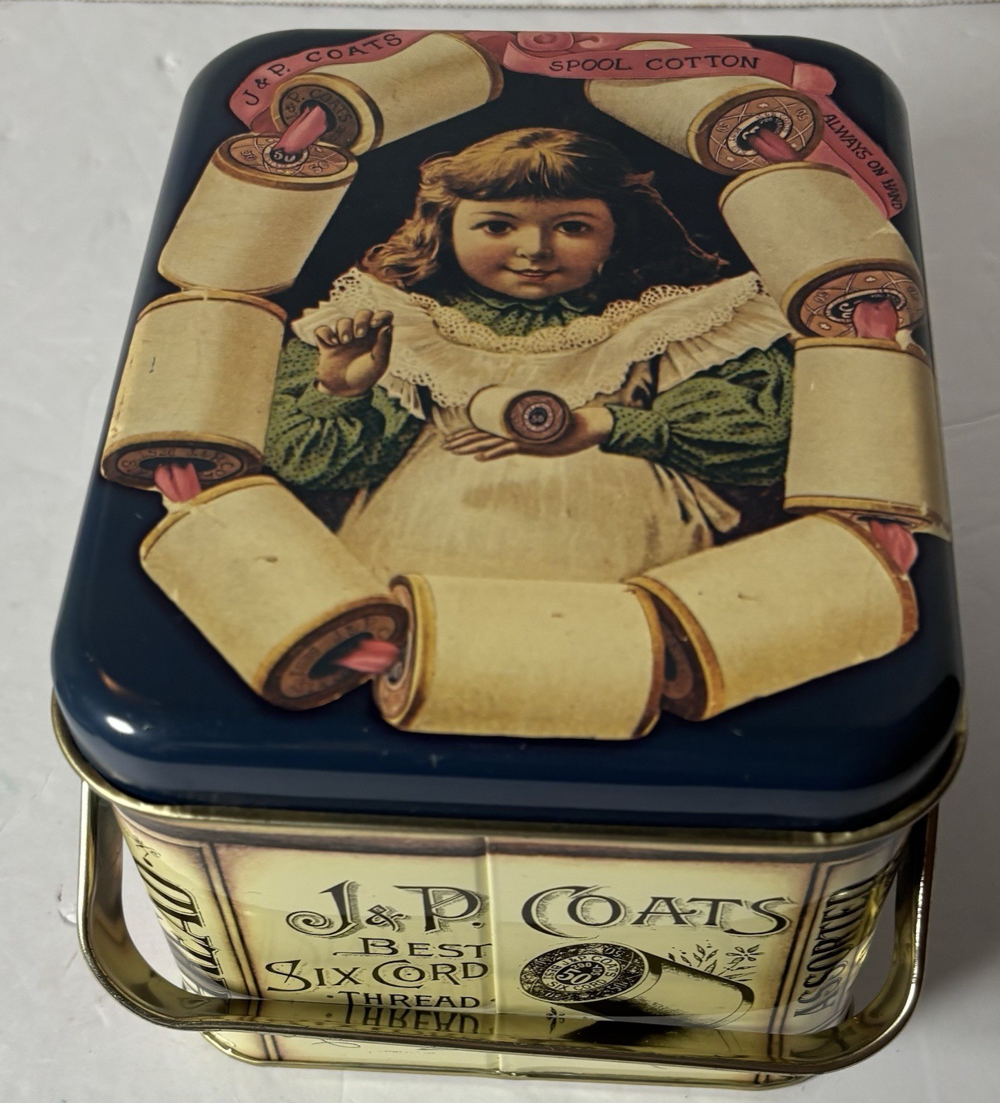 Vintage J&P Coats Best Six Cord Sewing Thread Advertising Storage Tin w/Handles