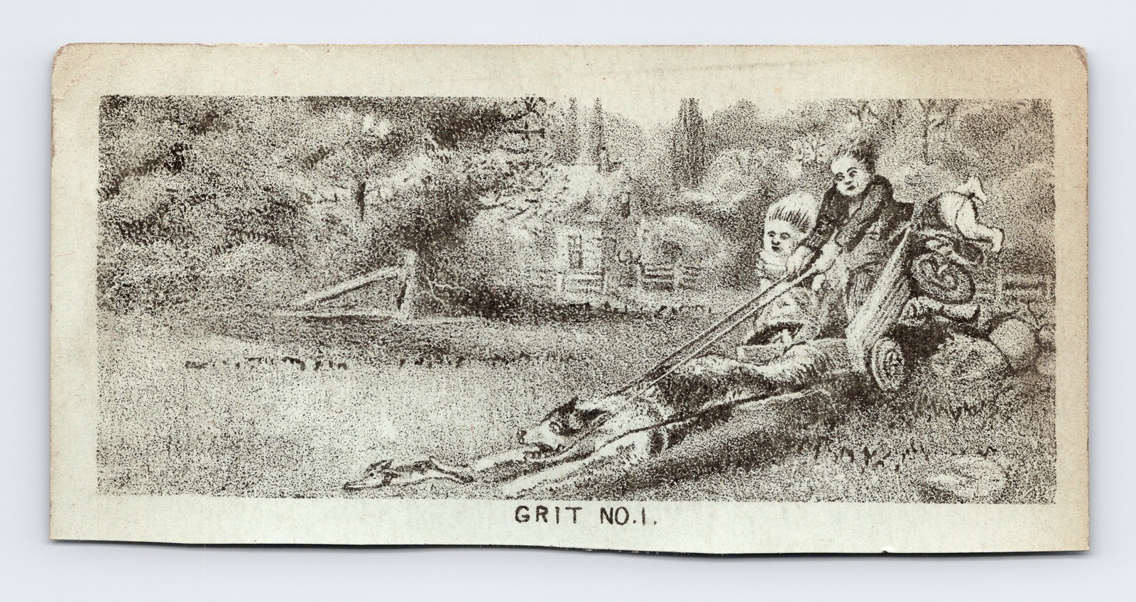 Grit No 1 Dog Pulls Scared Children in Wagon Chasing Rabbit Victorian Trade Card
