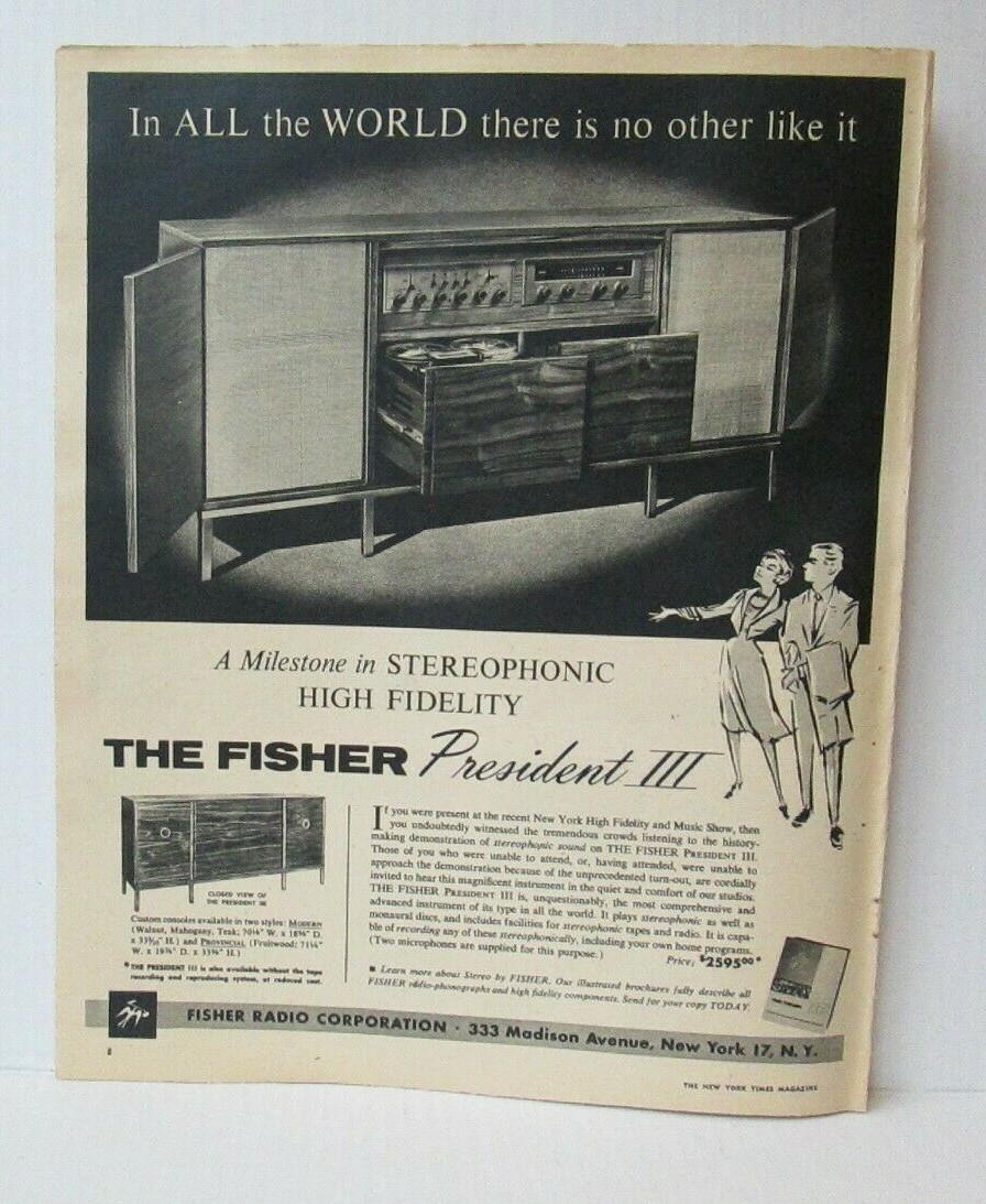 THE FISHER PRESIDENT III STERO CONSOLE 1950’s 10.5″ X 13″ Newspaper Ad LM2