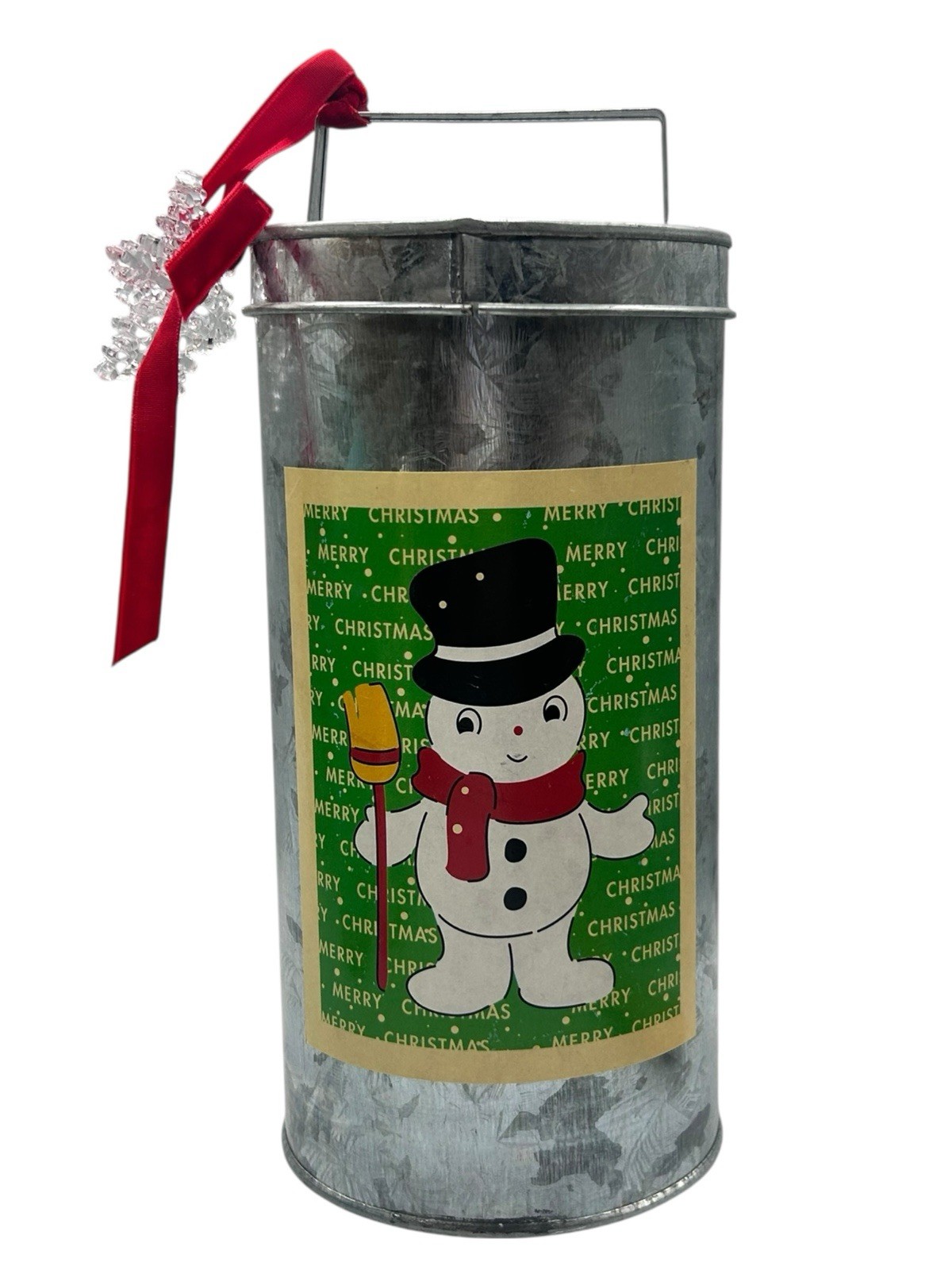 Snowman Merry Christmas Tin Round Metal with Lid & Acrylic Snowflake 9.5″