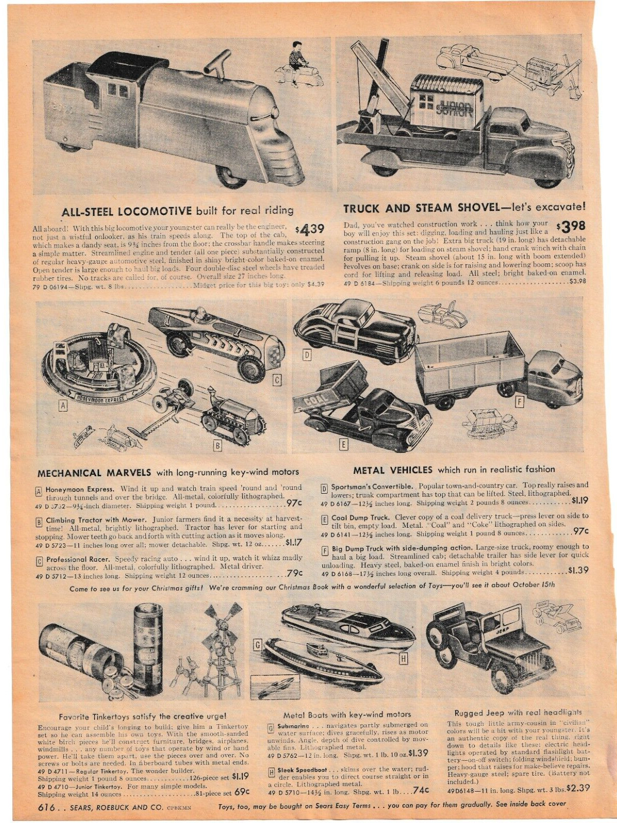 SEARS All-Steel Locomotive Truck Steam Shovel Dolls Toys 1948 SEARS CATALOG Ad