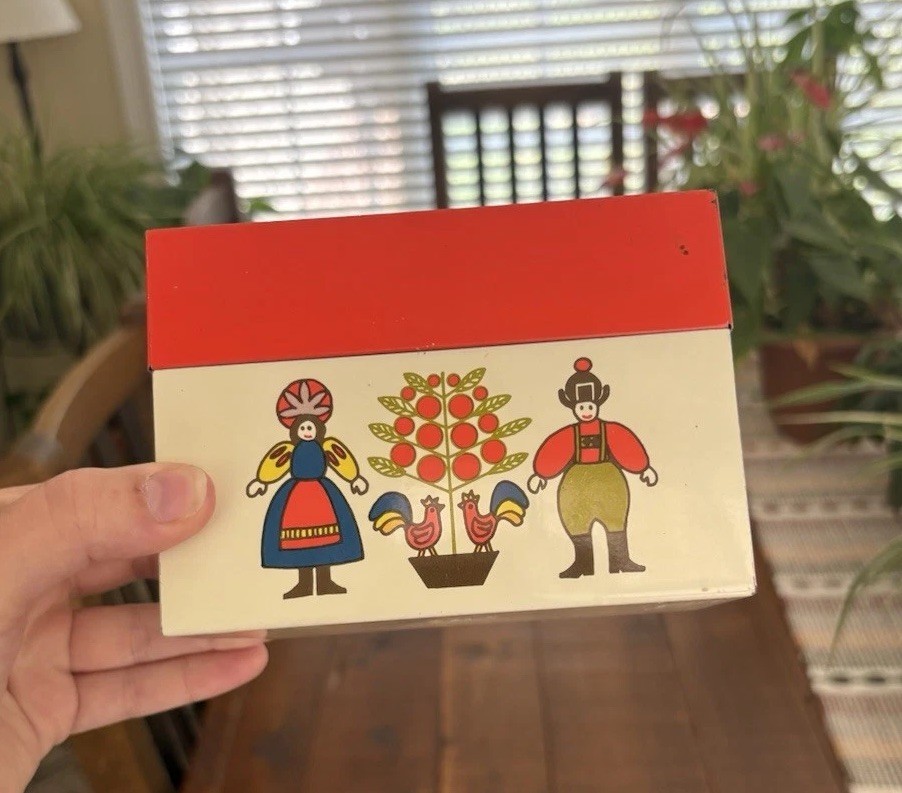Vintage Ohio Art Co. Metal Tin Recipe Box – Dutch/European Folk Art Design