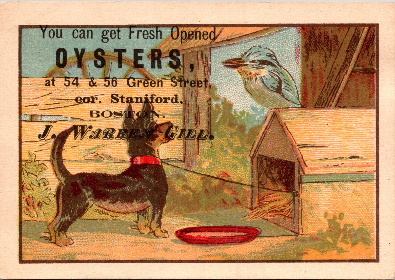 Vintage Victorian Cute Doggie, Bird, Oysters Trade Card 56th St Staniford Boston