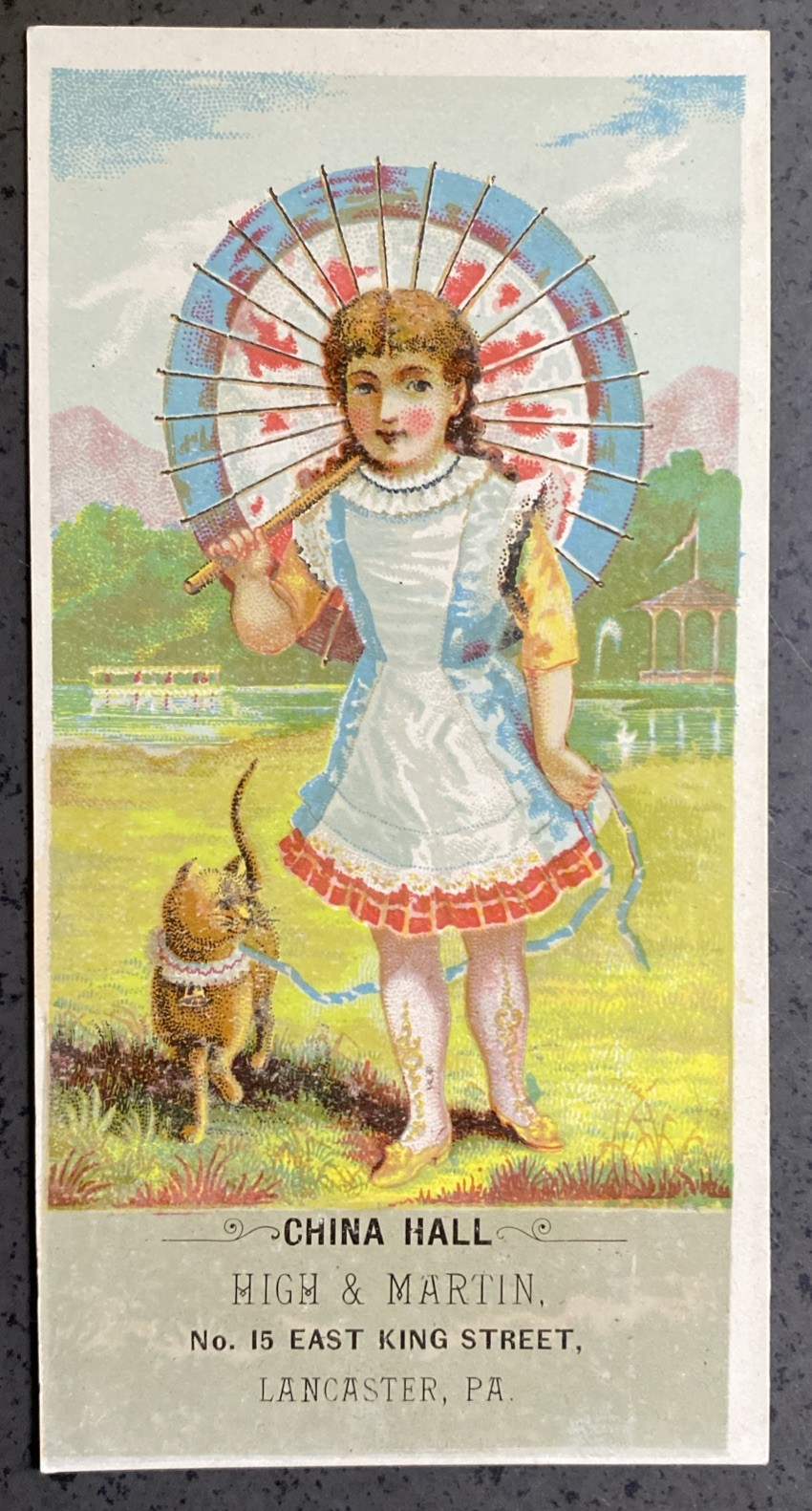 China Hall Trade Card, King St. Lancaster Pa. 1880s- Girl, Cat, Japanese Parasol