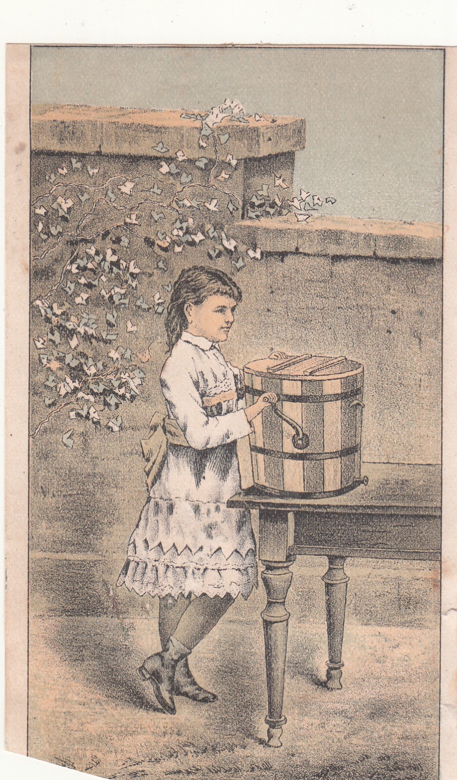 Oval Churn Girl Turning Crank Stone Wall Ivy Vict Card c1880s