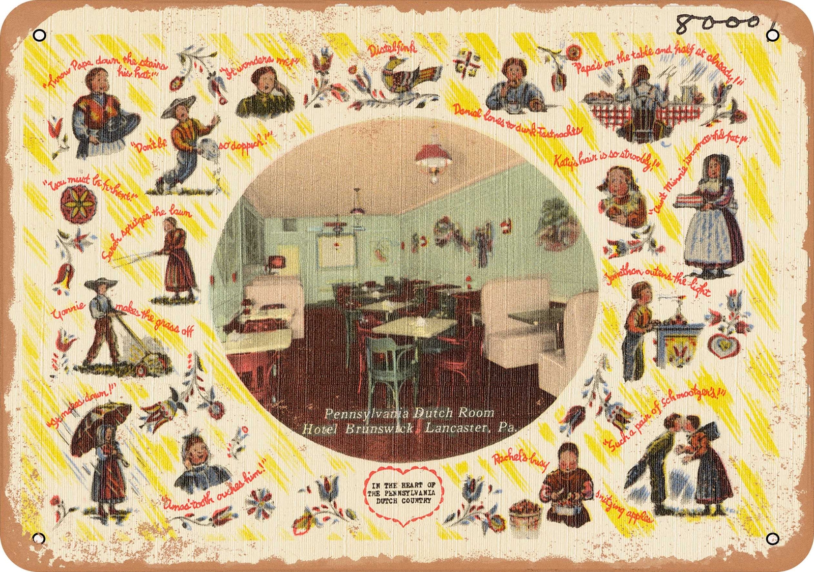 METAL SIGN – Pennsylvania Postcard – Pennsylvania Dutch Room, Hotel Brunswick,