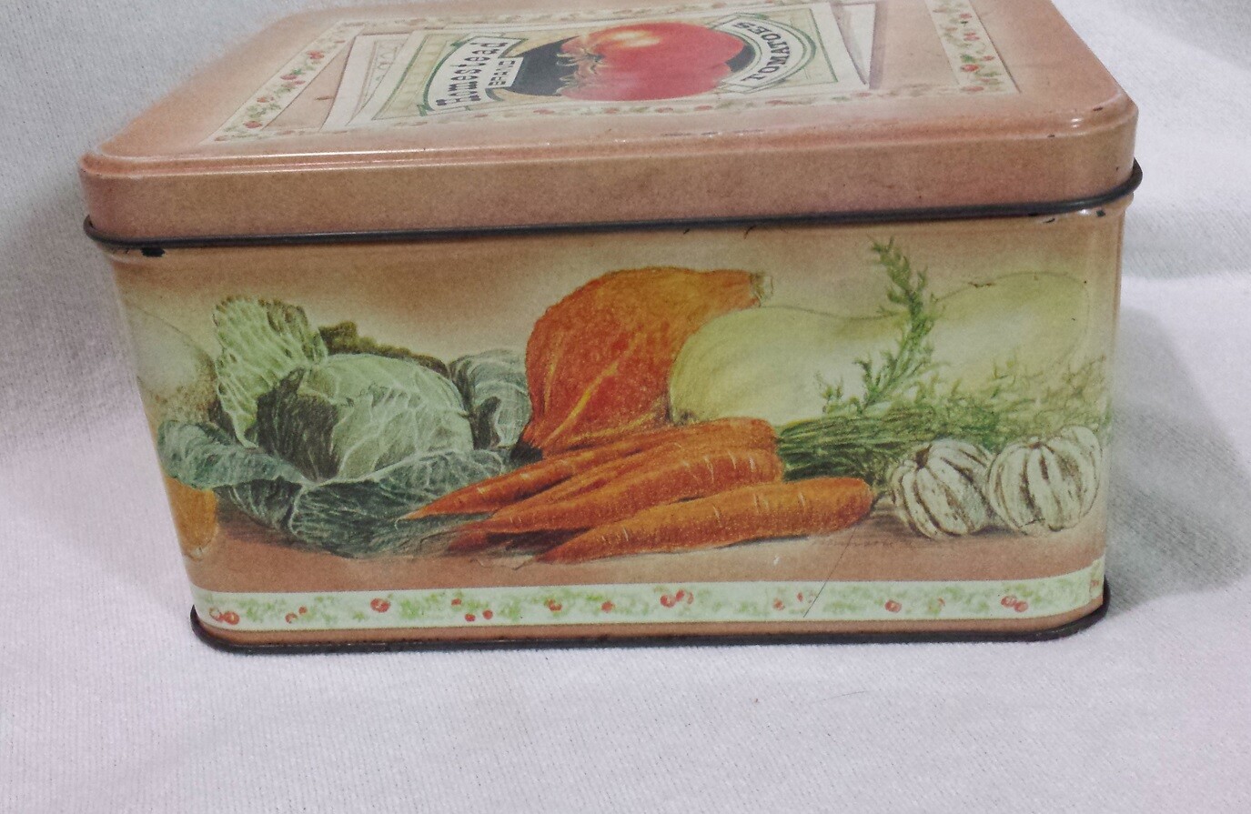 Vtg Empty Metal Tin Rectangular Box w/ Lid Homestead Brand Tomatoes Toleware