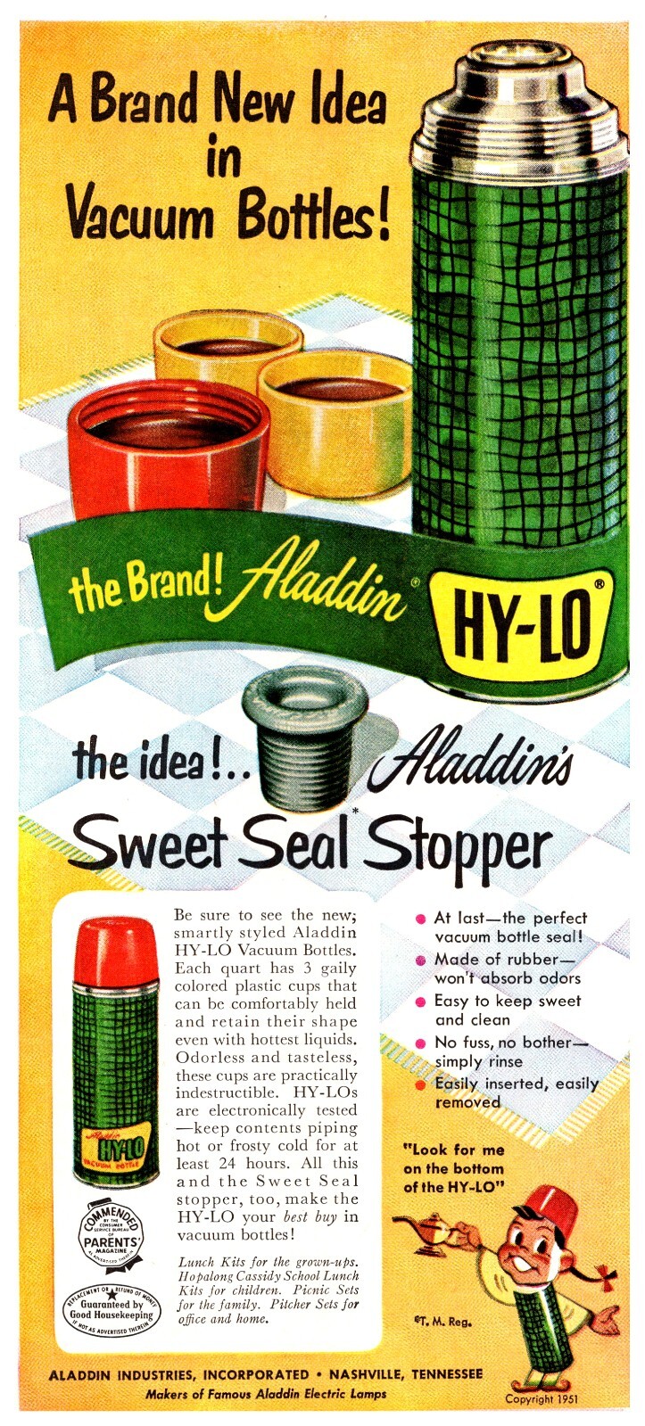 PRINT AD 1951 Aladdin Hy Lo Vacuum Bottle Sweet Seal Stopper Travel Mug 5×11