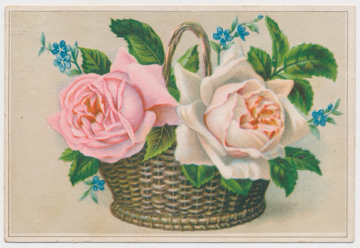 Basket of Pink and White Roses – Victorian Trade Card 1890s