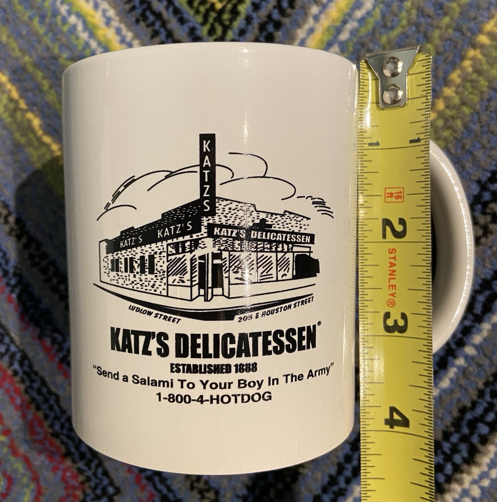 Katz’s Delicatessen Ceramic Coffee Mug New York City White Black Graphics 4″