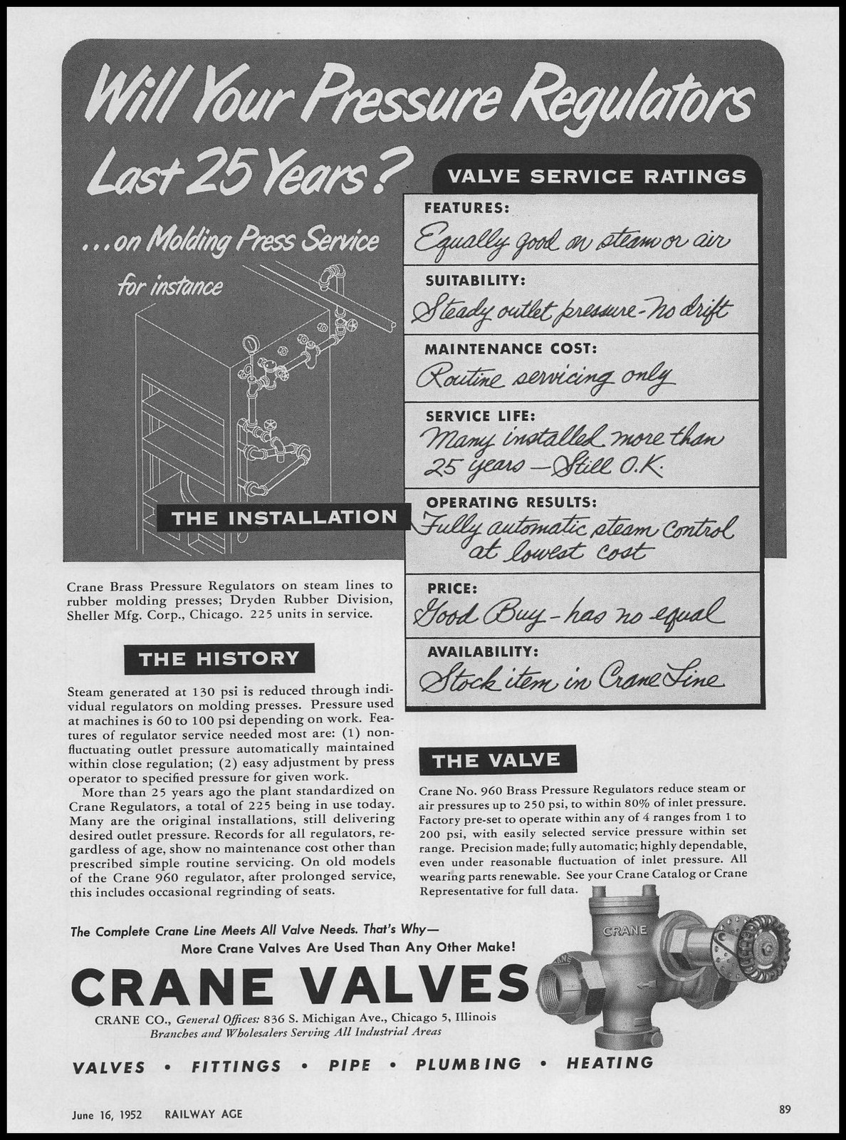 1952 Crane Company Chicago No. 960 Brass Pressure Regulators Vintage Print Ad