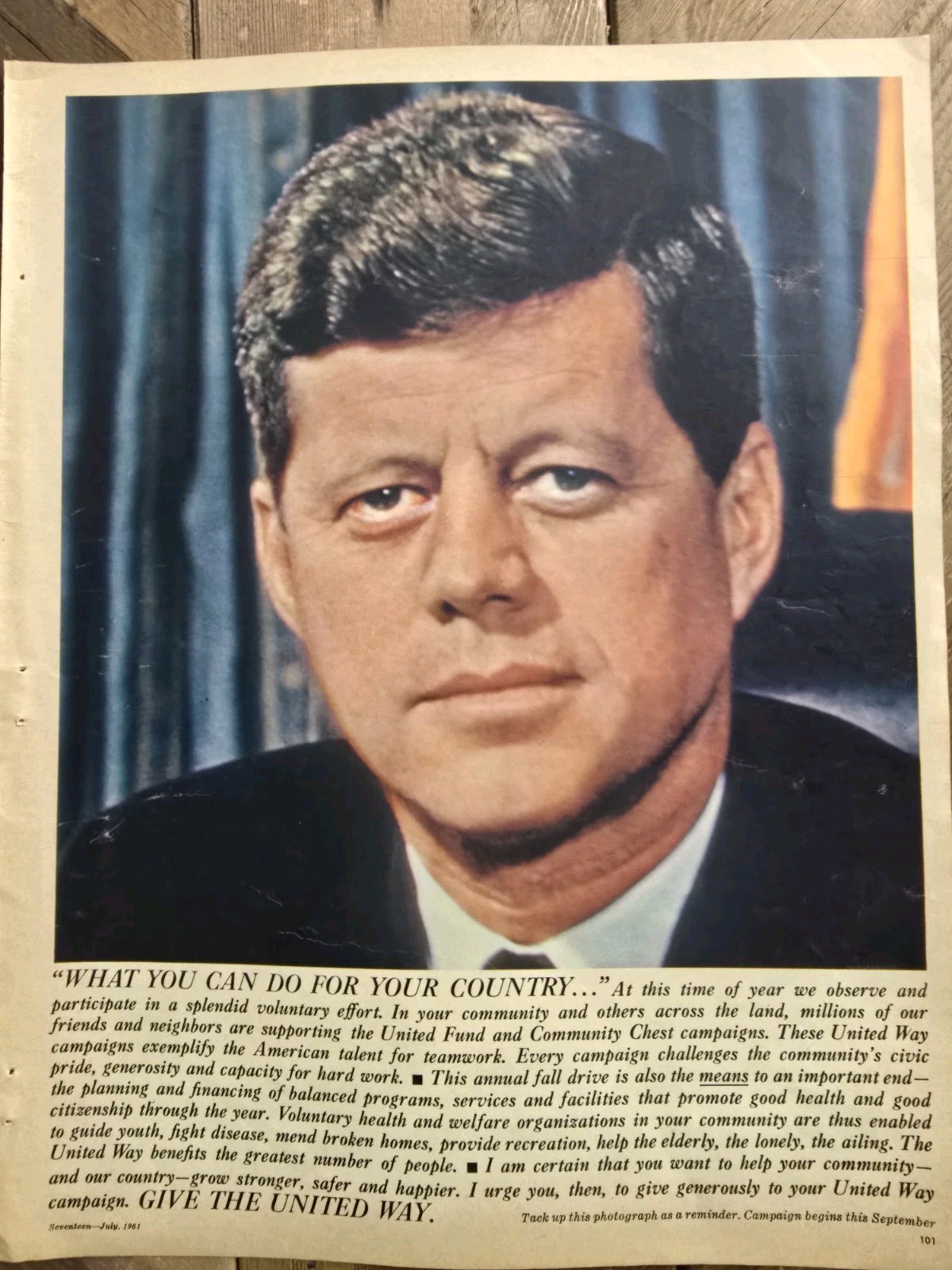 1961 John Kennedy photo Give the United Way vintage Original Ad