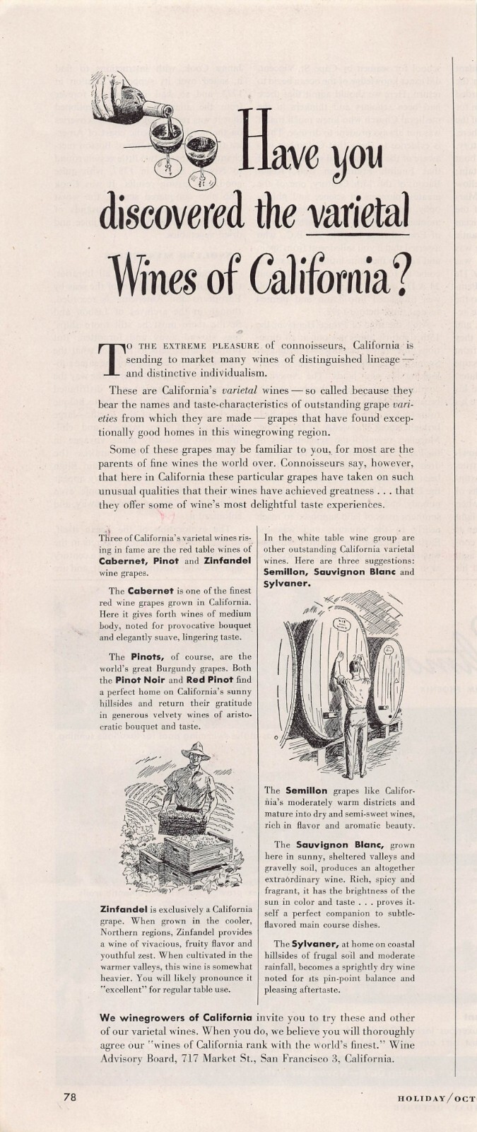 California Wineries Vineyard Napa Valley Wine Variety Vtg Magazine Print Ad 1950
