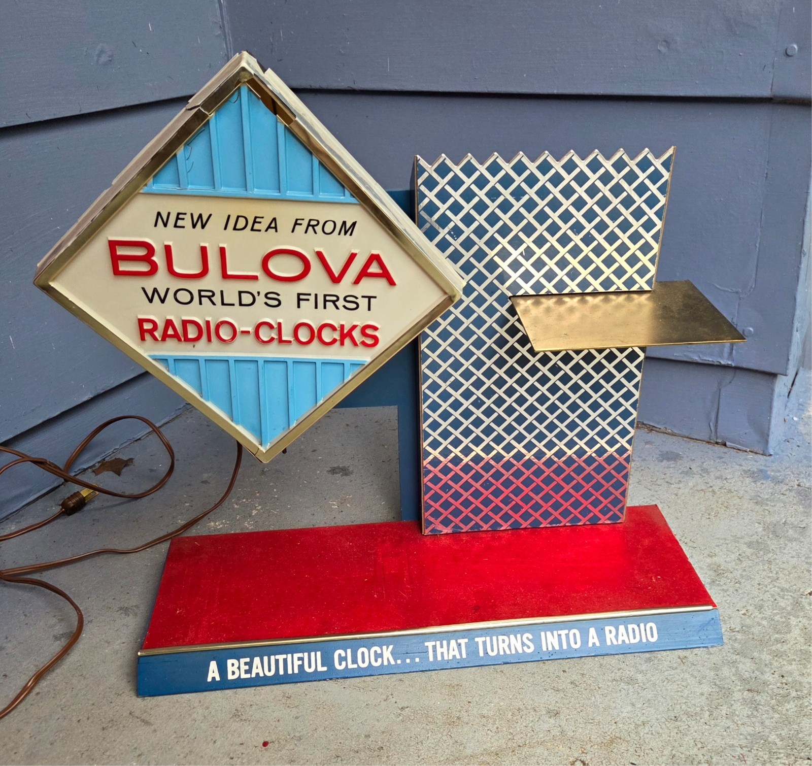 Vintage Bulova Radio-Clock Light Up Counter Display Sign Mid Century Antique