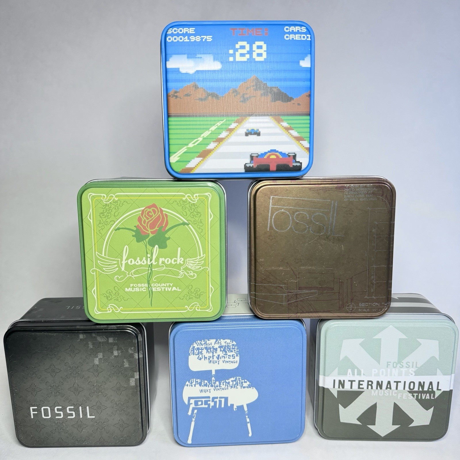 Vintage Fossil Watch Tin Lot of 6 Empty Metal Boxes Graphic Arcade Retro Music