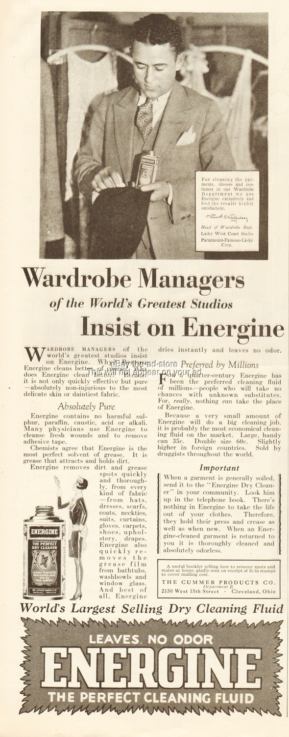 1929 Paramount Movie Wardrobe Manager Energine Cummer Products Cleveland OH Ad