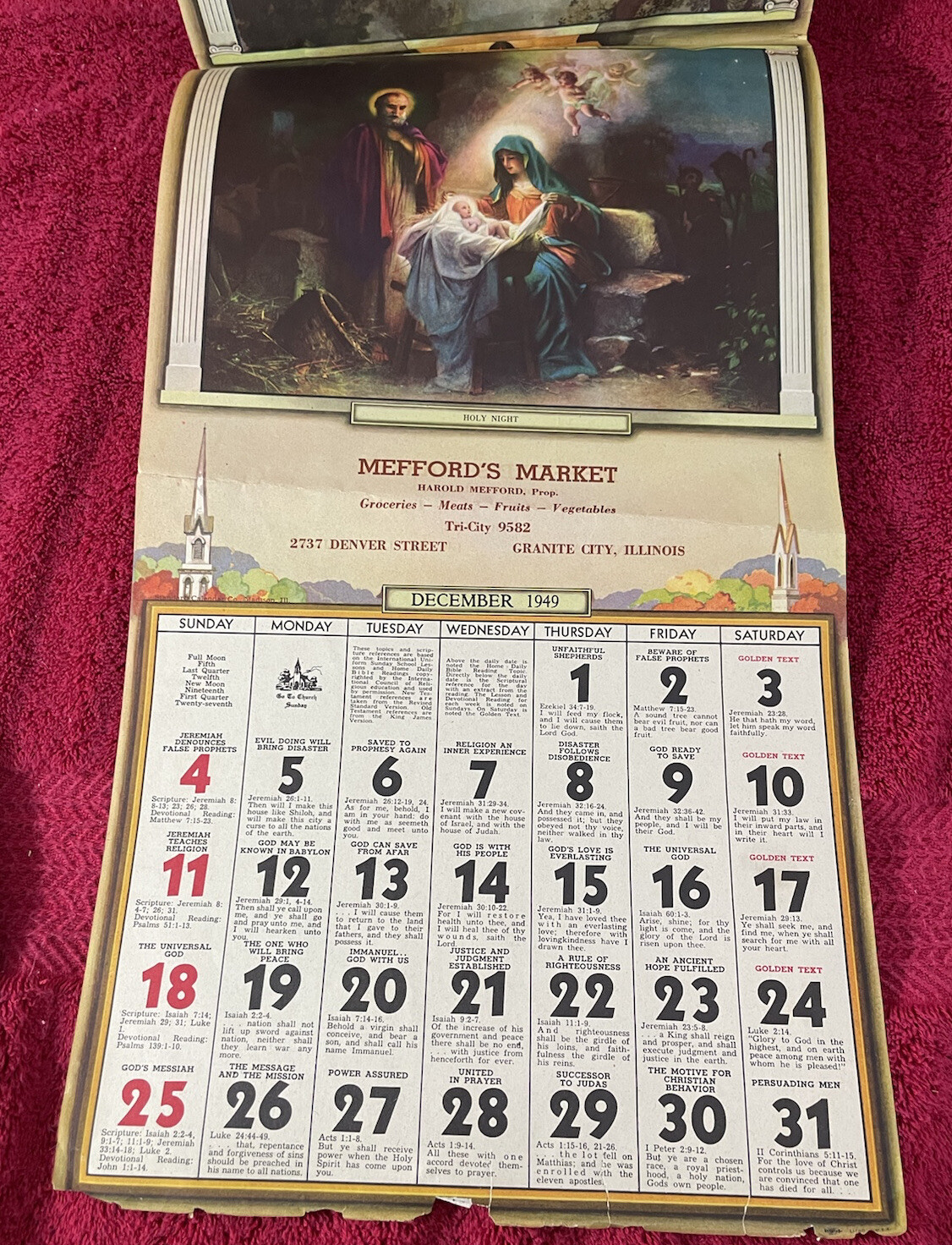 Vintage Advertising 1949 Medford’s Market Granite City Calendar Religious
