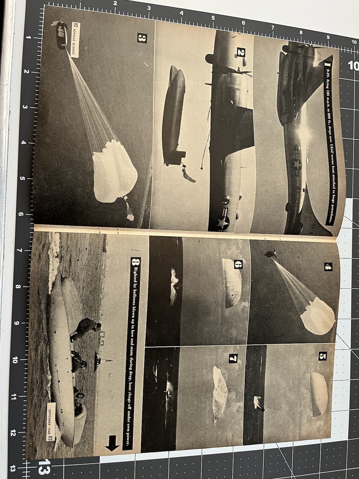 Vintage Ad 2 Page B-29 Drops New USAF Rescue Boat Parachute PS 0948